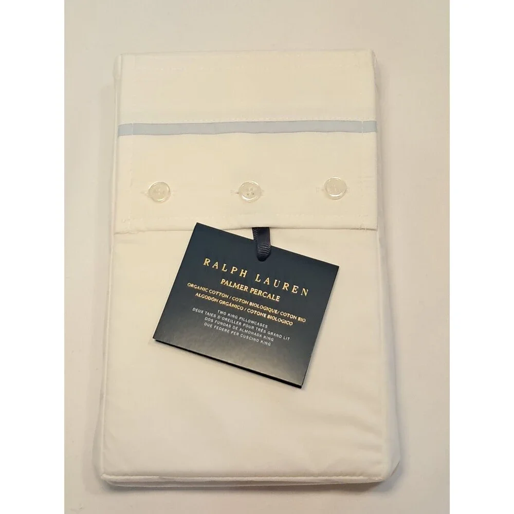 Ralph Lauren Palmer Percale Cotton 2 King Size Pillowcases White Sky Blue Ralph